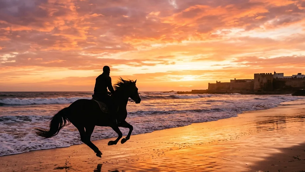 Horse and rider trotting on Essaouira beach at sunset with Atlantic surf reflections